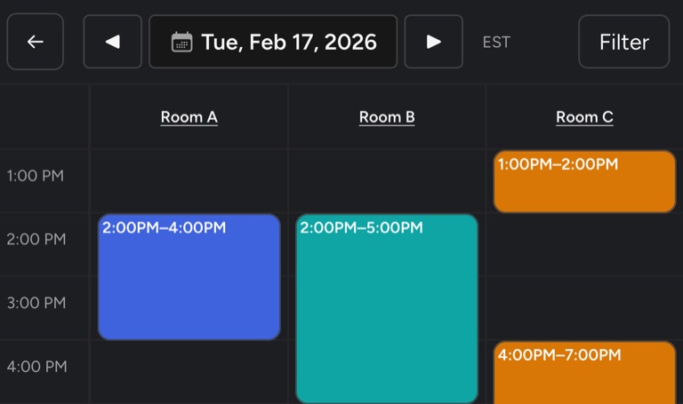Band booking interface showing room availability and selectable time slots