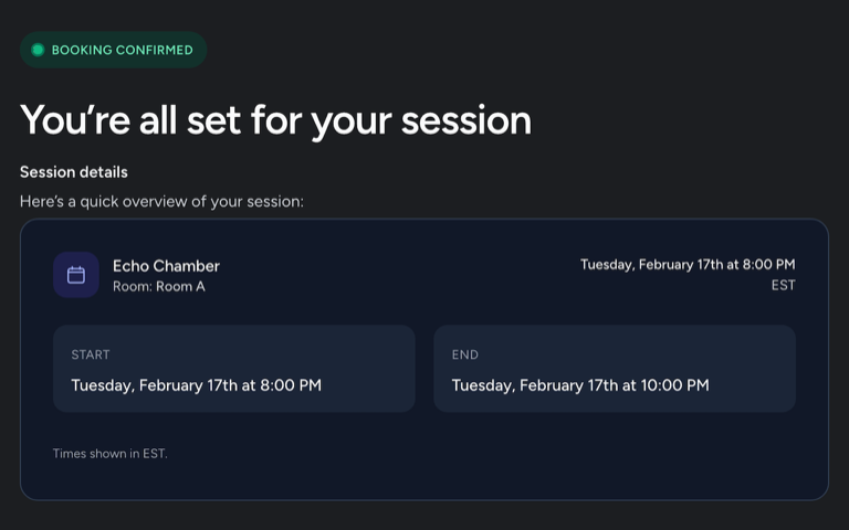 Booking confirmation page showing confirmed session details with start and end times