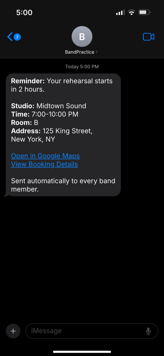 BandPractice reminder text message (dark UI)