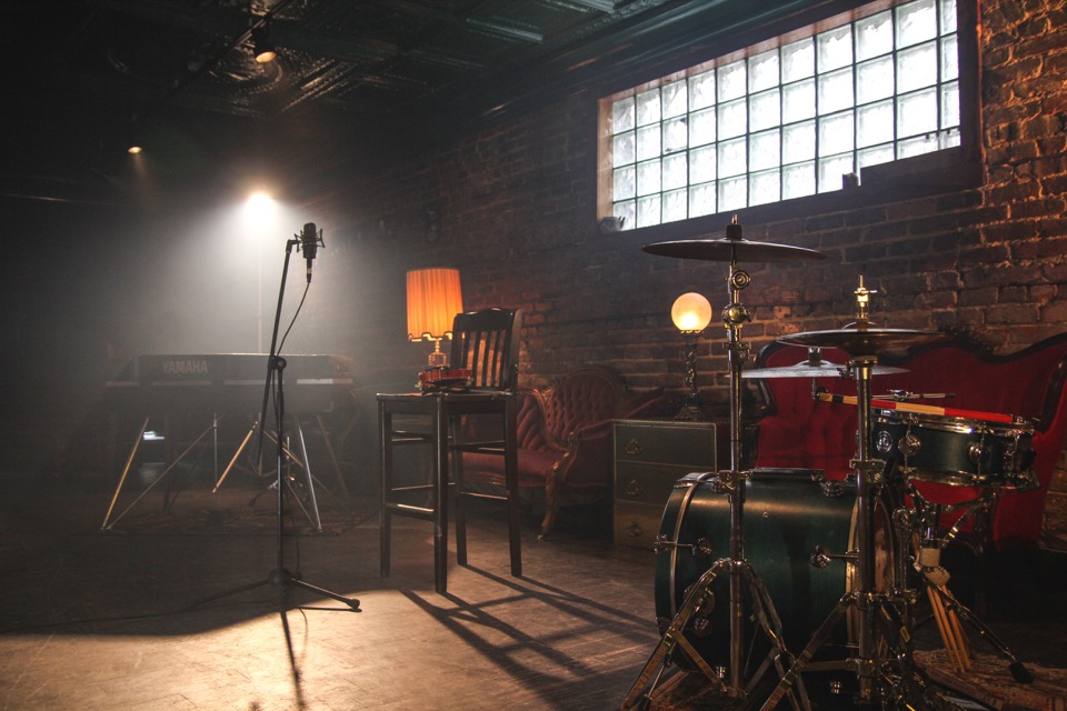 Rehearsal studio room with band gear